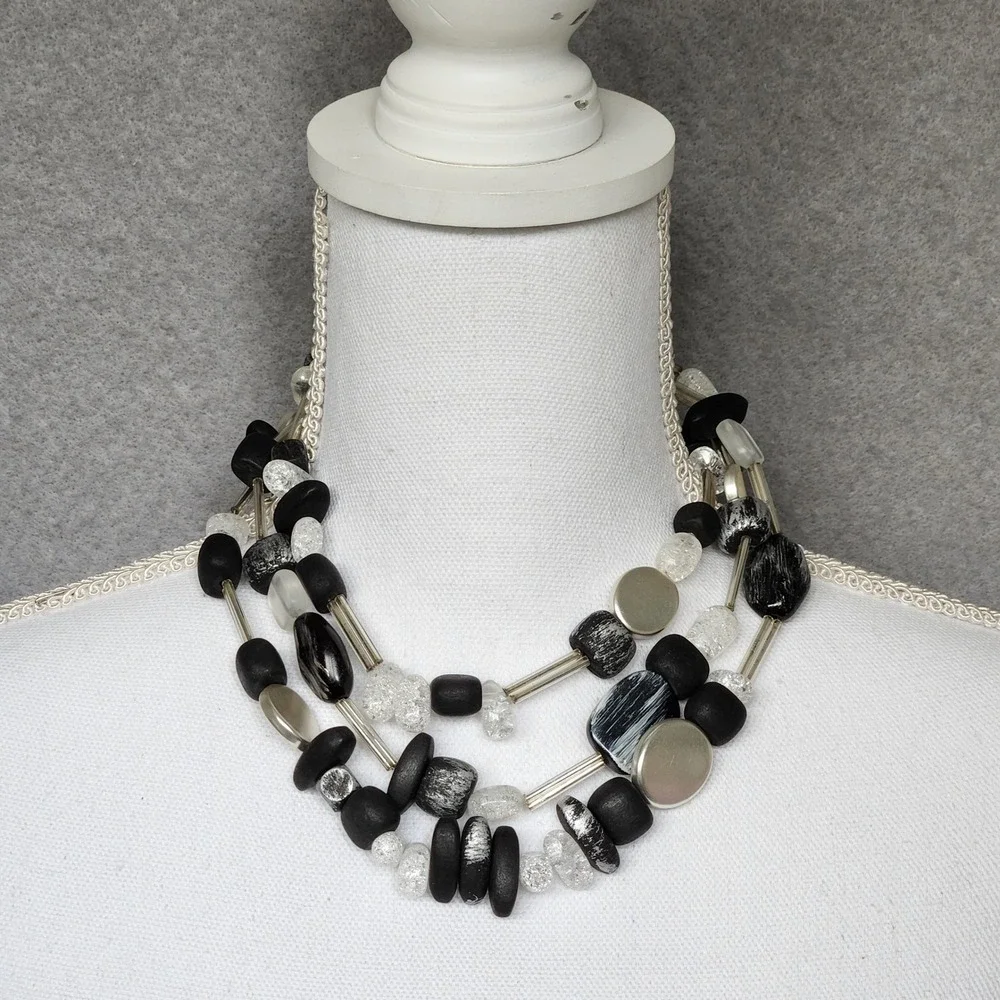 Chico's Statement Choker Necklace 3 Layer Black Silver Frosted 15